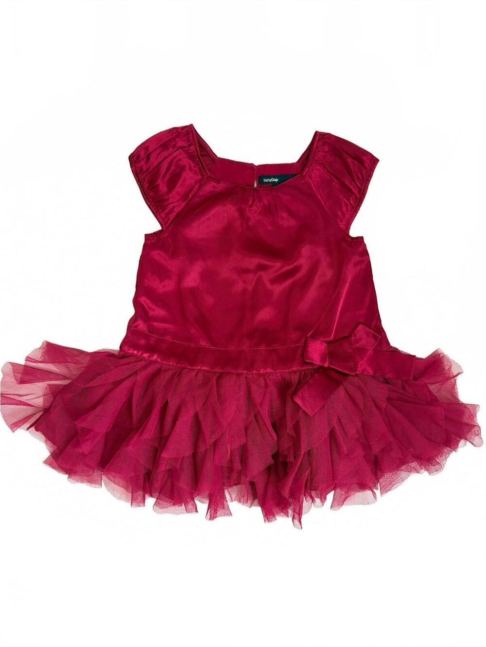 Baby‎ Gap | Burgundy Wine Satin Tulle Ruffle Short Sleeve Dress Bow Size 6-12mo